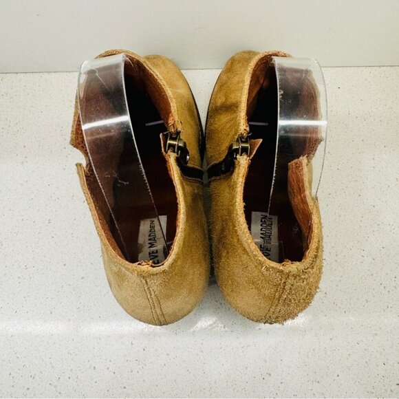 Steve Madden Resolv Suede Leather Booties Ankle Boots Camel Tan Stacked Heel 9 - Picture 12 of 15